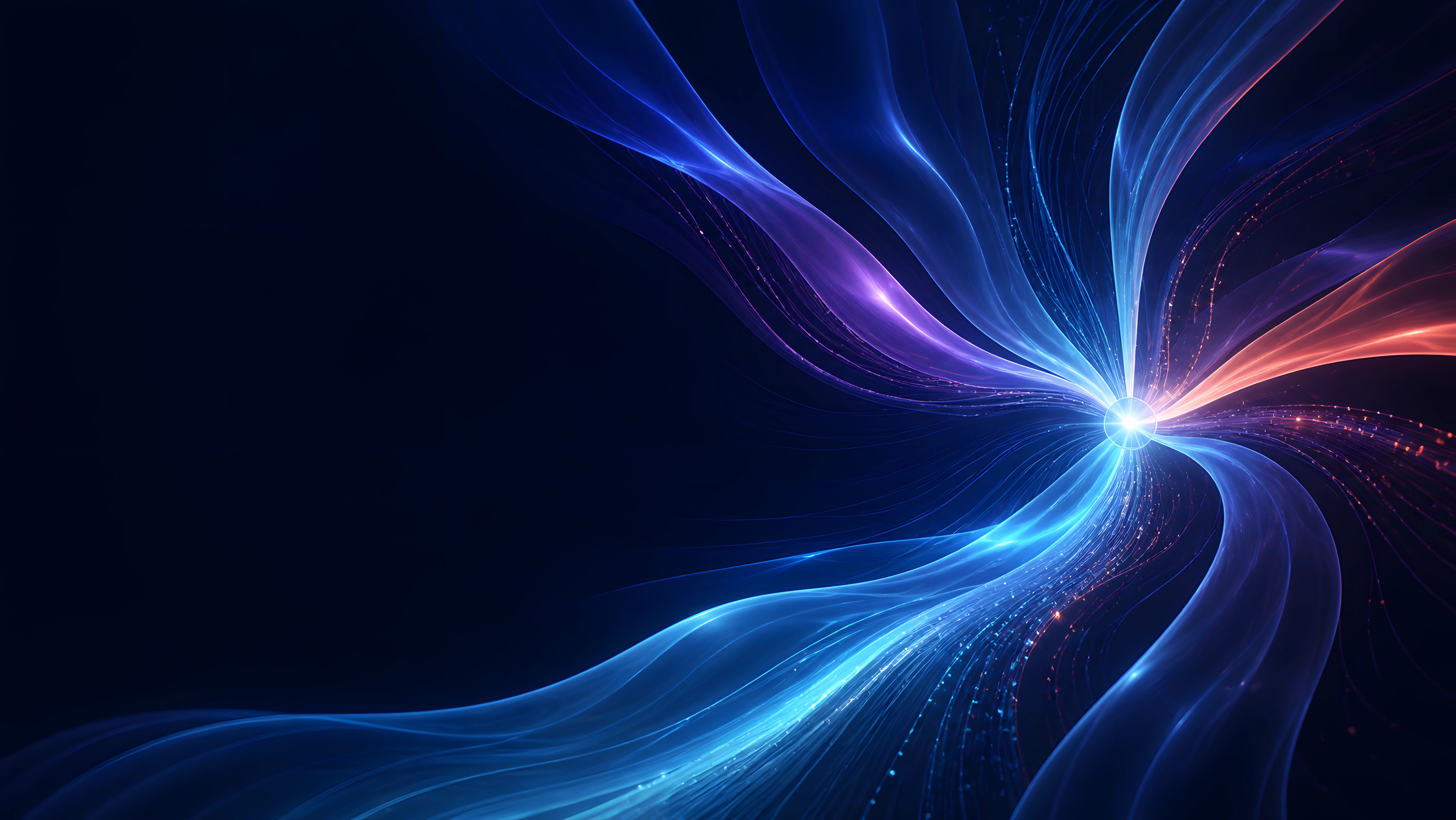 Luminous cobalt, violet and coral signal paths converging into one direction